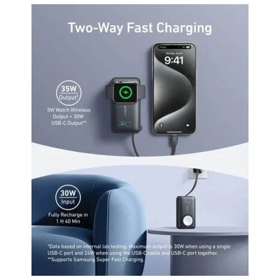 أنكر ماج جو باور بانك  (10,000 مللي أمبير، 35 واط، مع دعم ساعة آبل، منفذ USB-C مدمج) - أسود